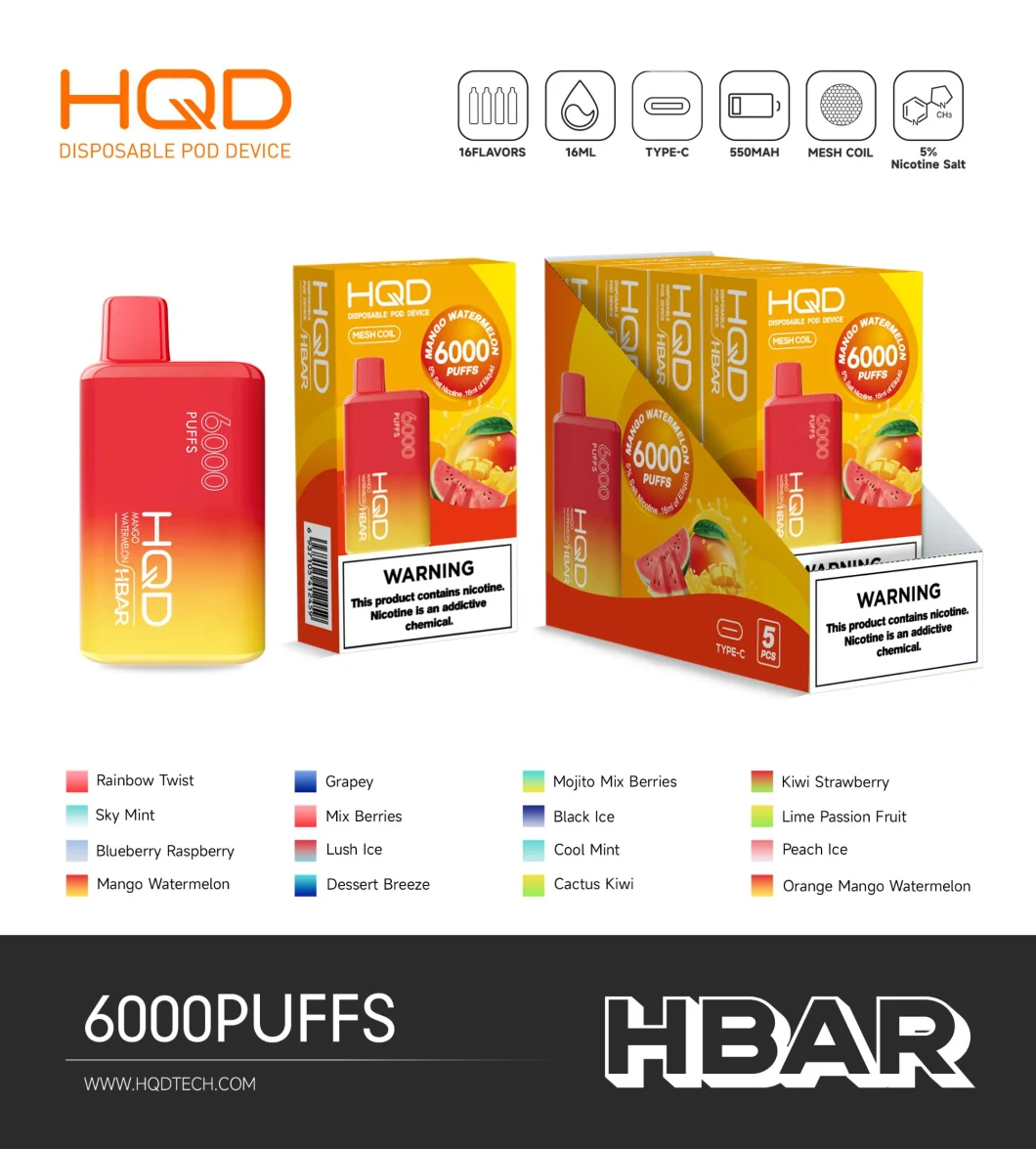 Hqd Newest Product Hbar 6000puff 1400mAh 20flavors Slim Original Vape Factory